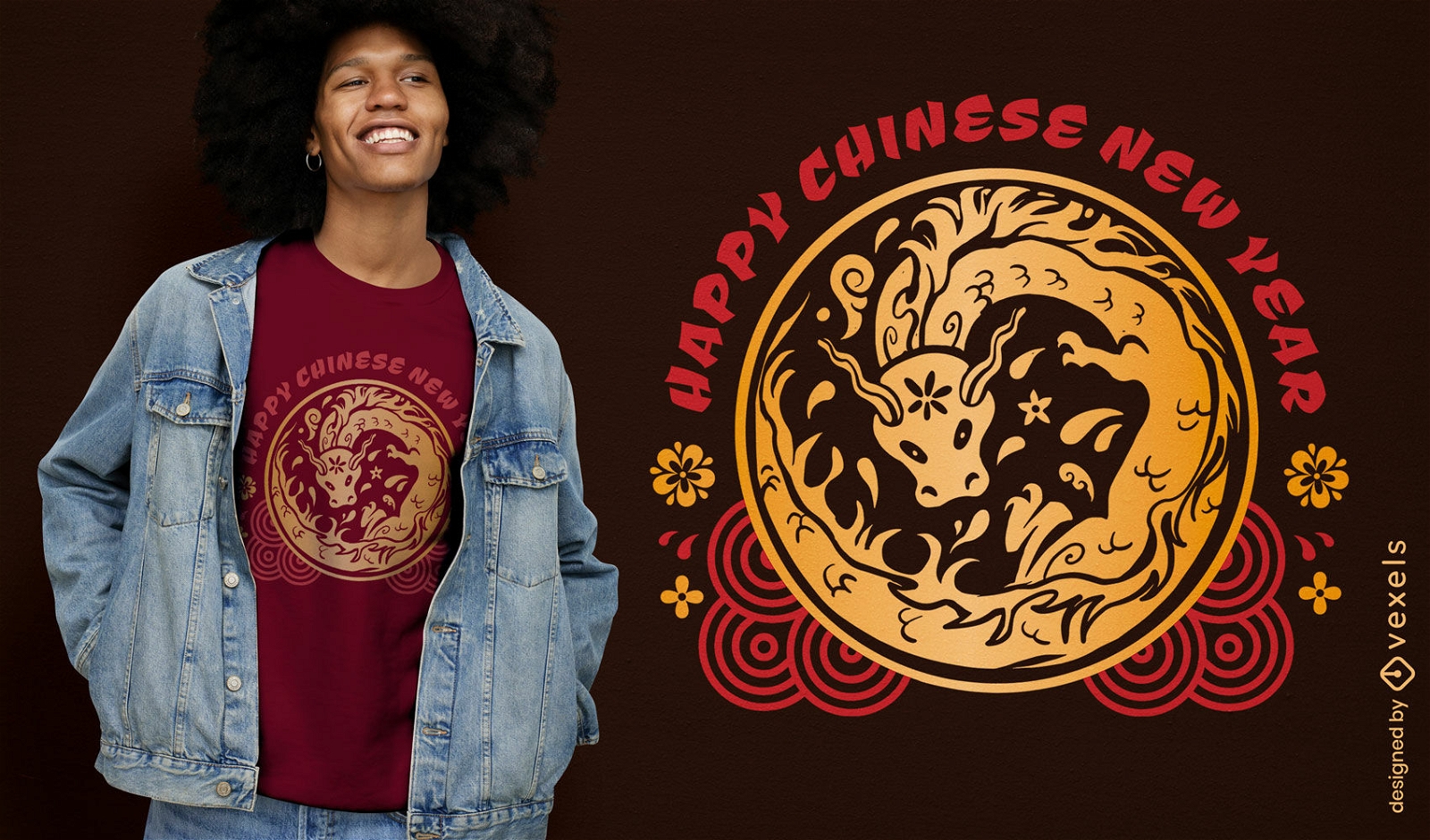 Diseño de camiseta con gráfico de dragón de año nuevo chino.