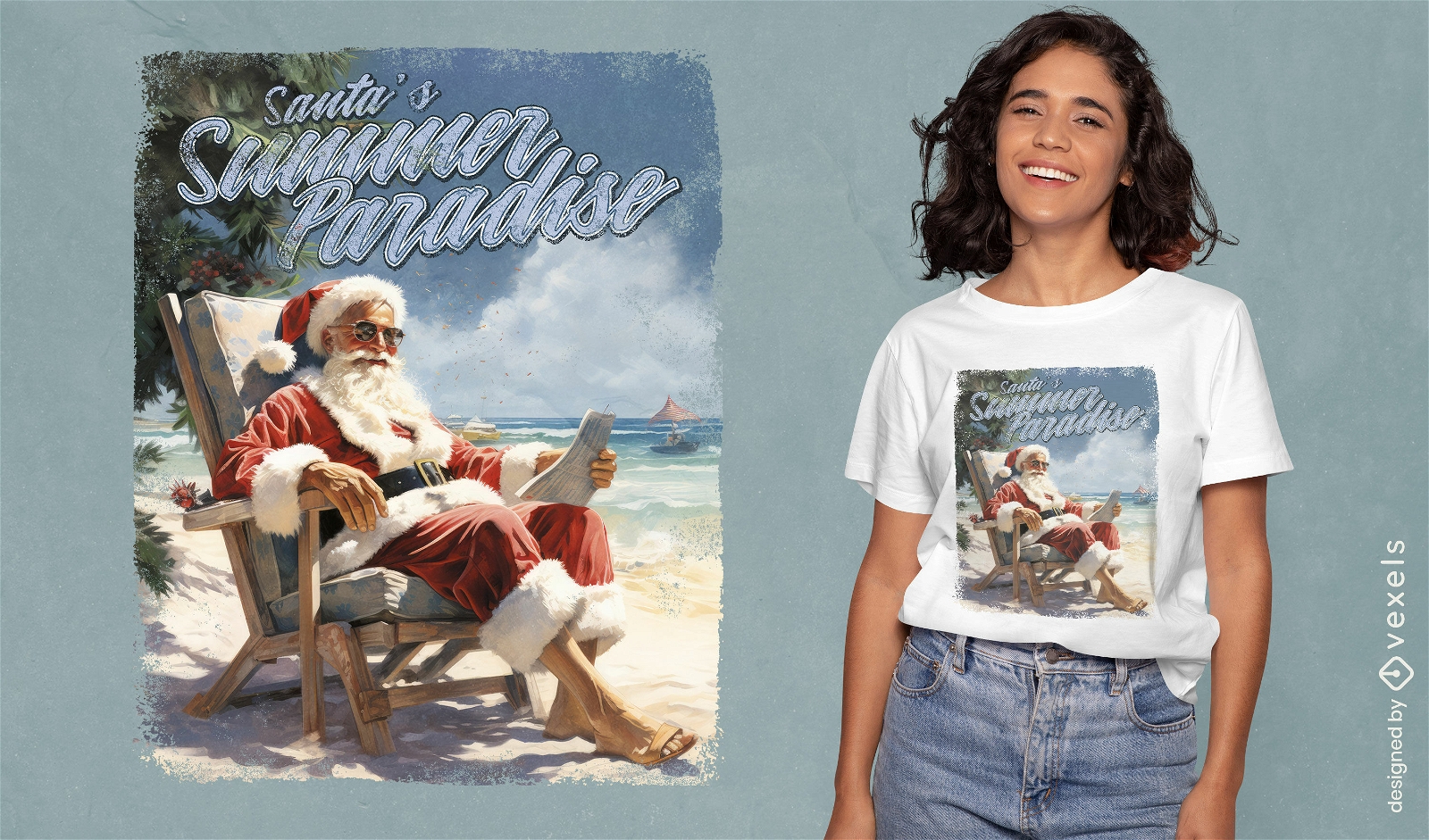 Diseño de camiseta psd de Papá Noel en la playa.