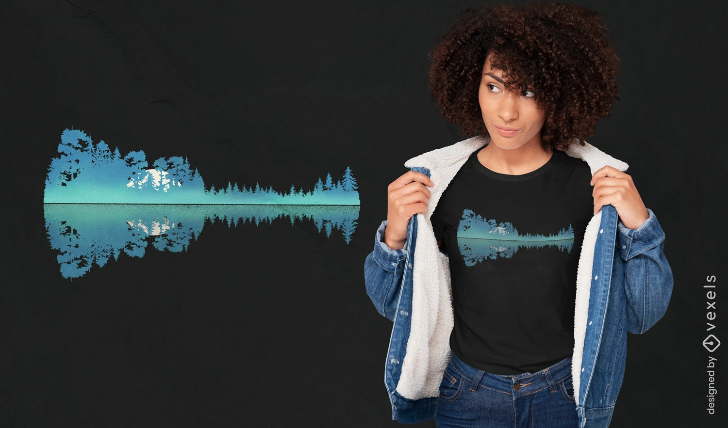 Diseño de camiseta con paisaje de lago de guitarra.