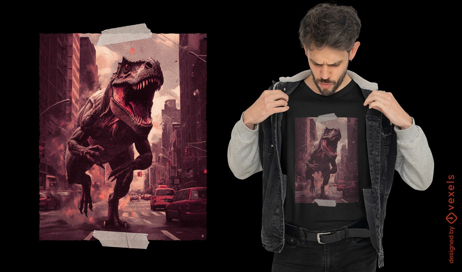 Diseño de camiseta t-rex monster city.