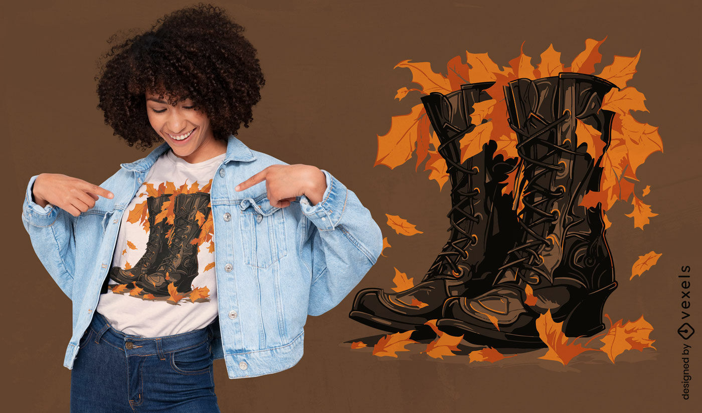 Diseño de camiseta de botas de bruja con hojas.