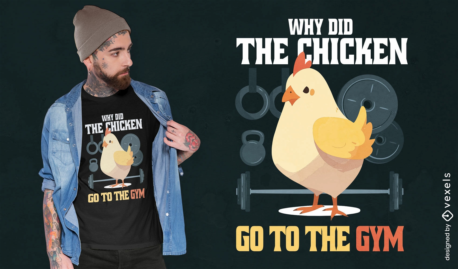 Design de camiseta com frango na academia
