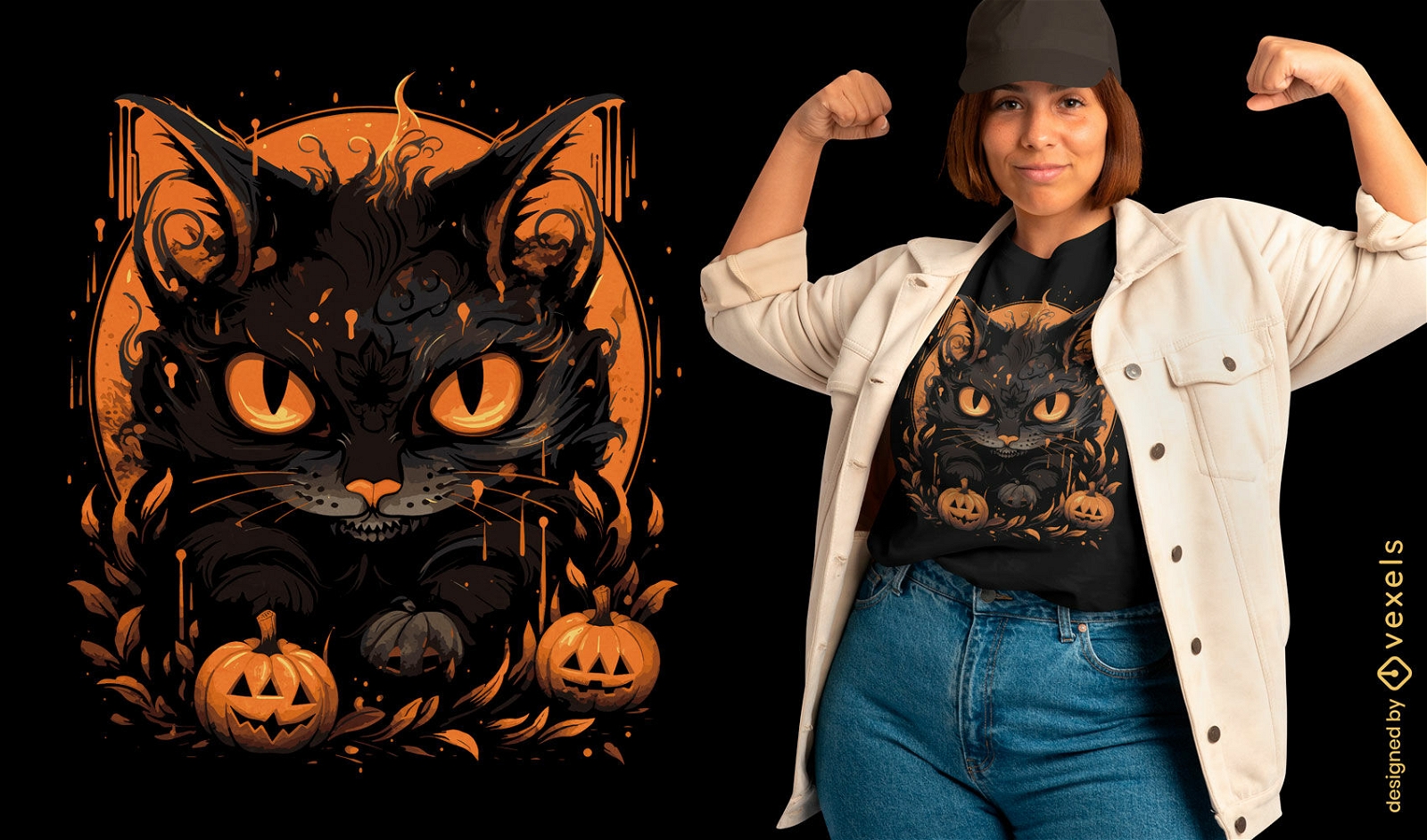Diseño de camiseta de calabazas de gato de Halloween.