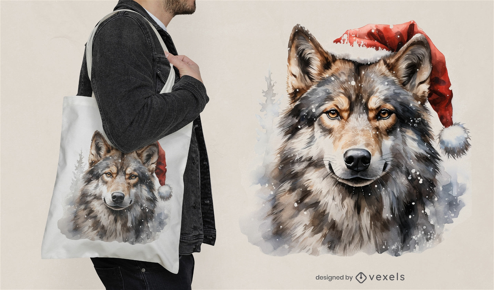 Diseño de bolso de mano con gorro de Papá Noel y lobo.