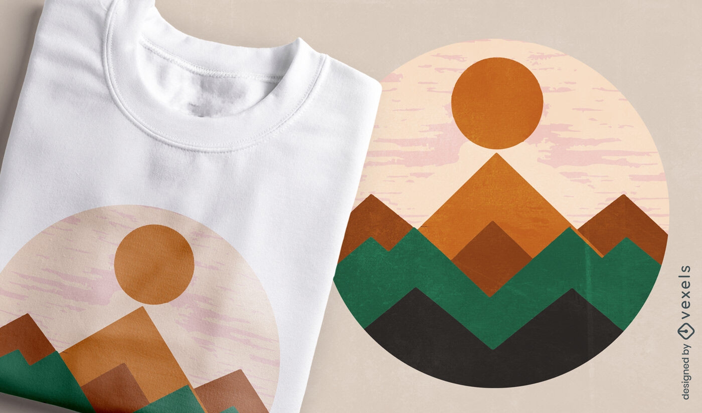 Diseño de camiseta con paisaje geométrico de montaña.