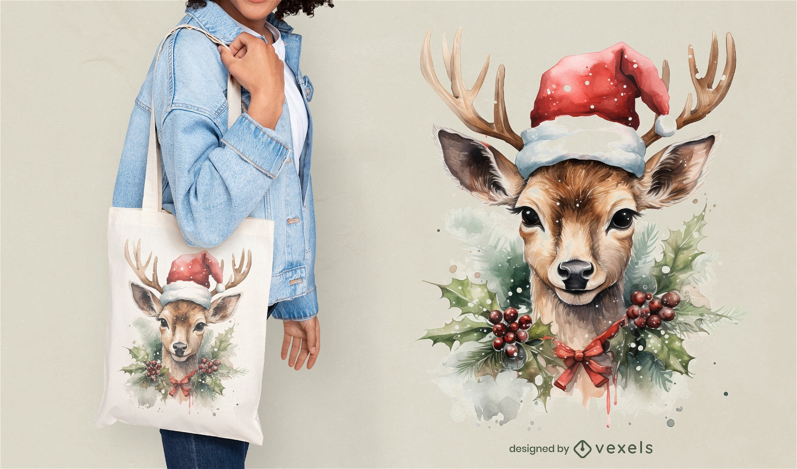 Diseño de bolso tote con ciervo de Papá Noel.