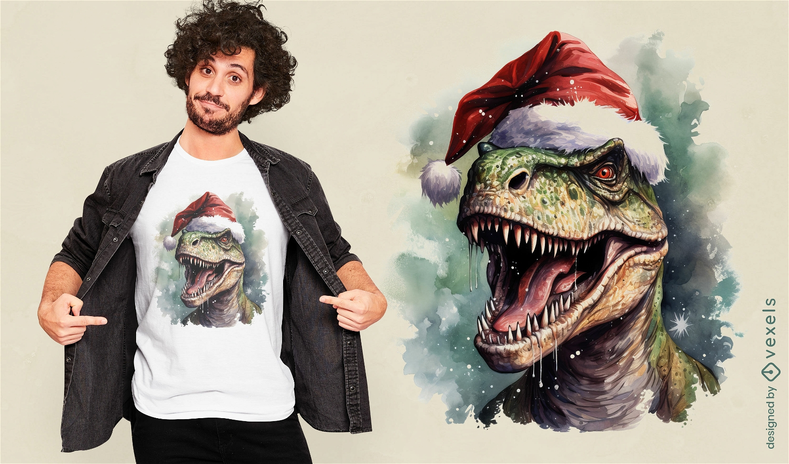 T-rex com design de camiseta com chapéu de Papai Noel