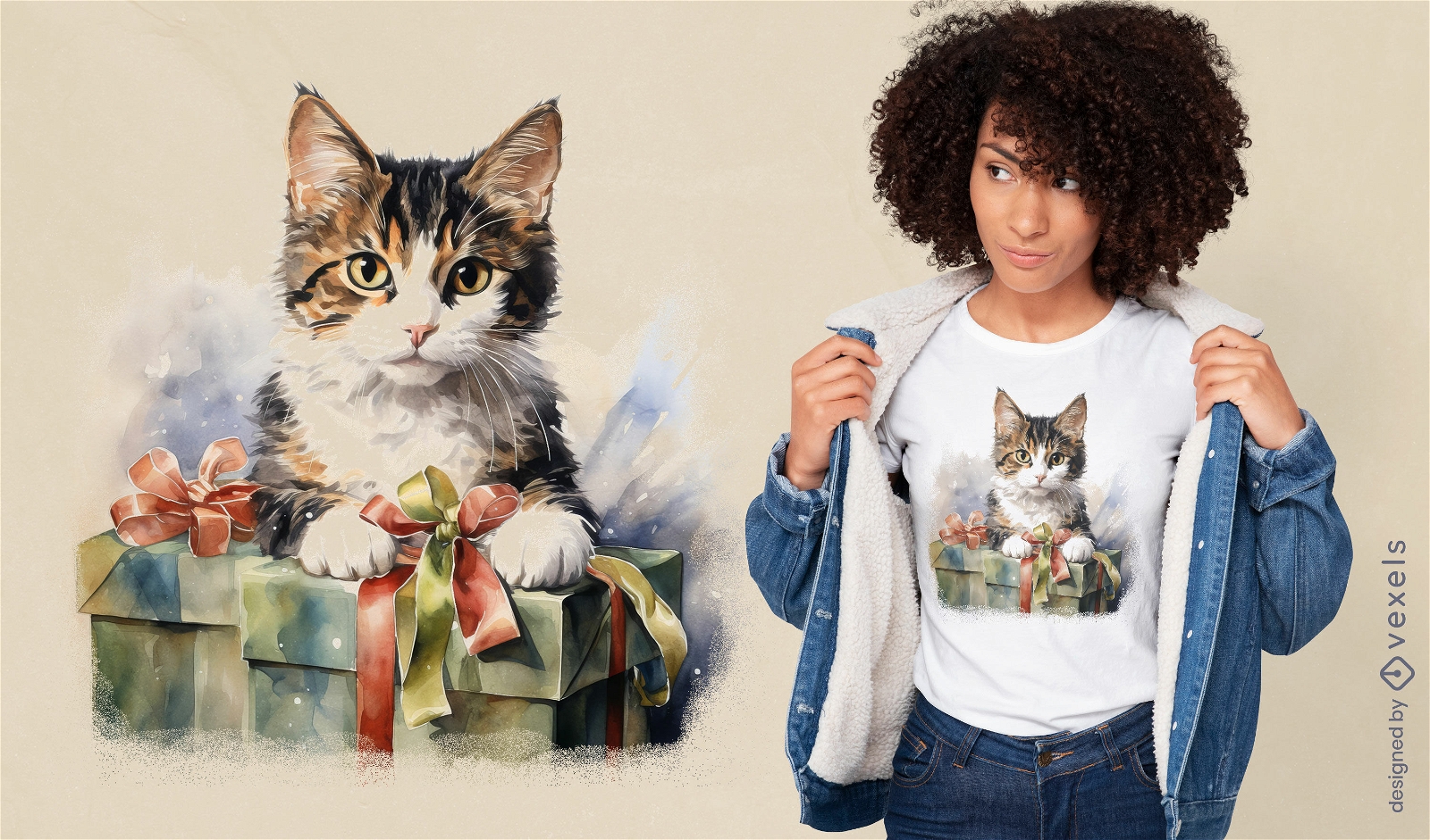 Dise?o de camiseta psd de gato con cajas de regalo.