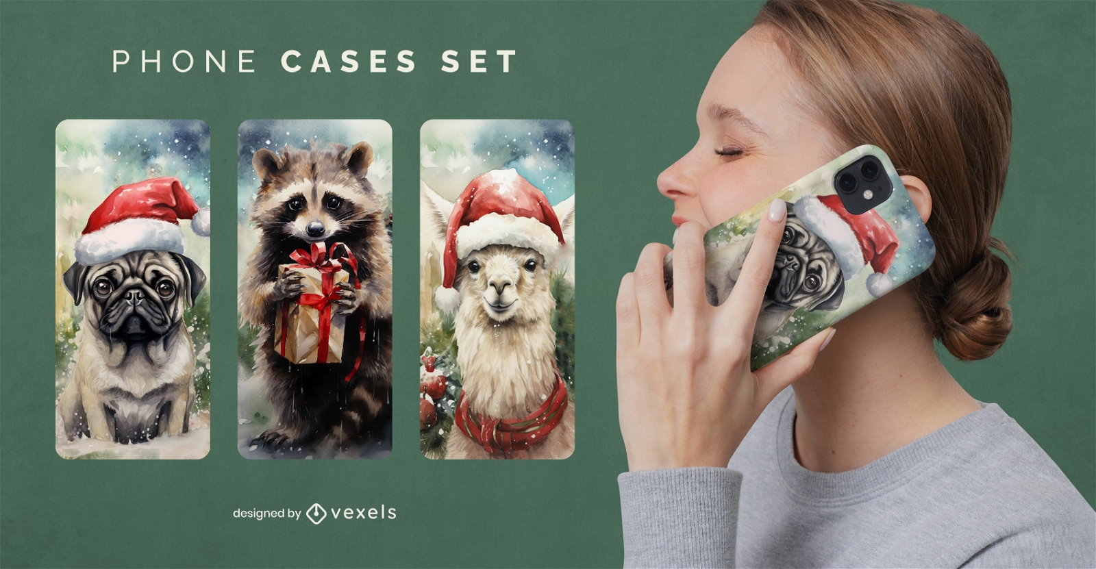 Wartercolor Christmas animals phone case set