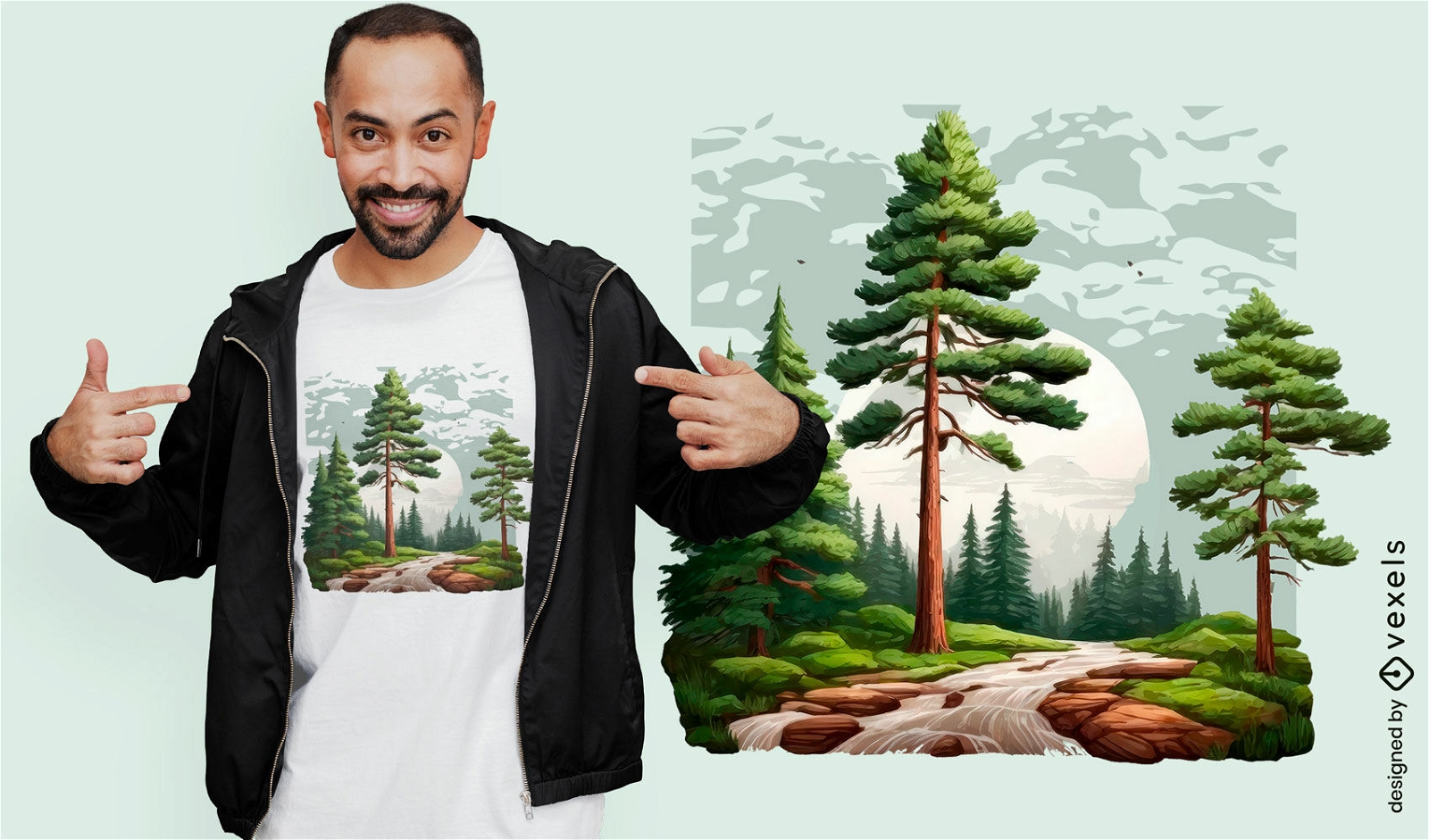 Diseño de camiseta de senderismo por el bosque y luna llena.