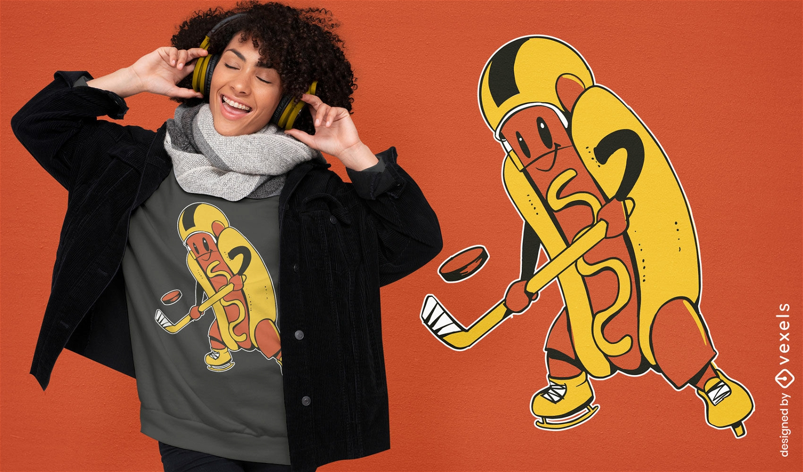 Diseño de camiseta funky de personaje de hockey hotdog.