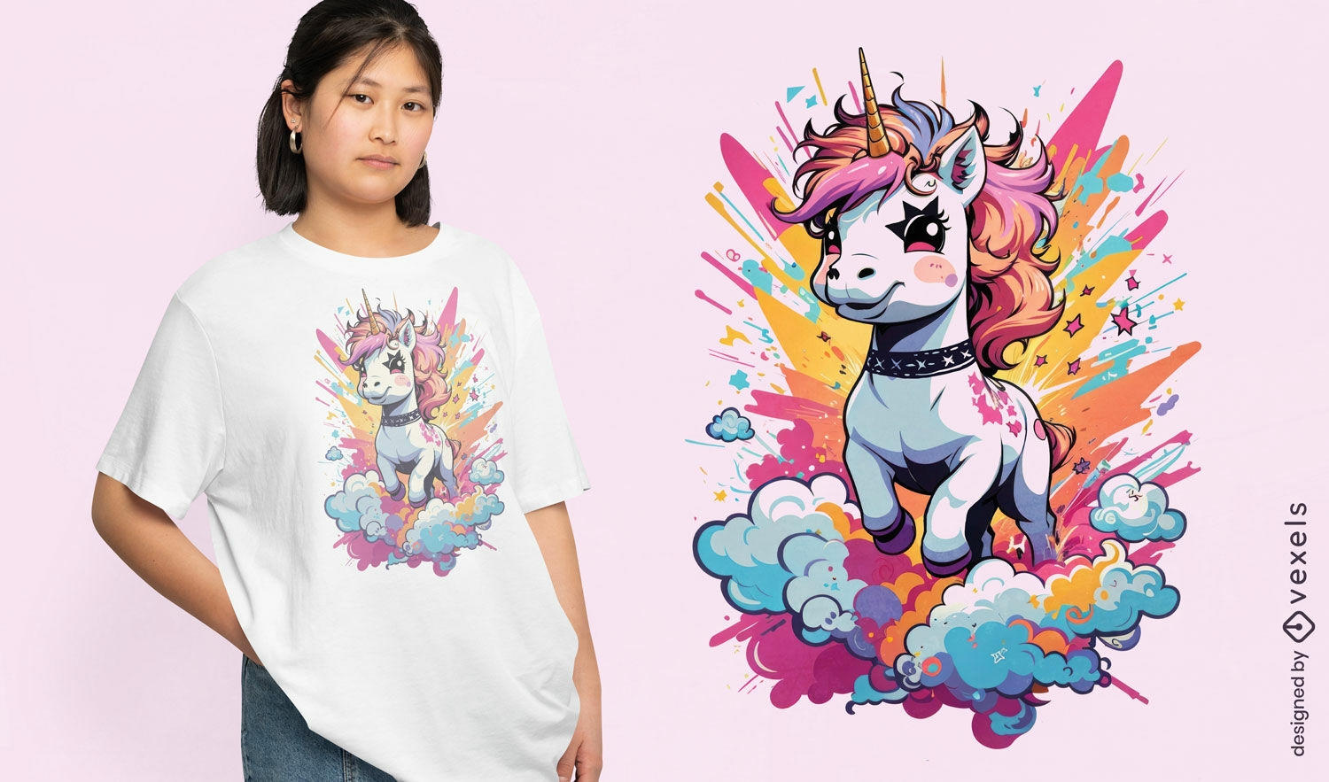 Diseño de camiseta colorida de unicornio punk.