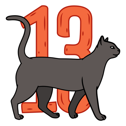 Gato negro con el número 13. Diseño PNG