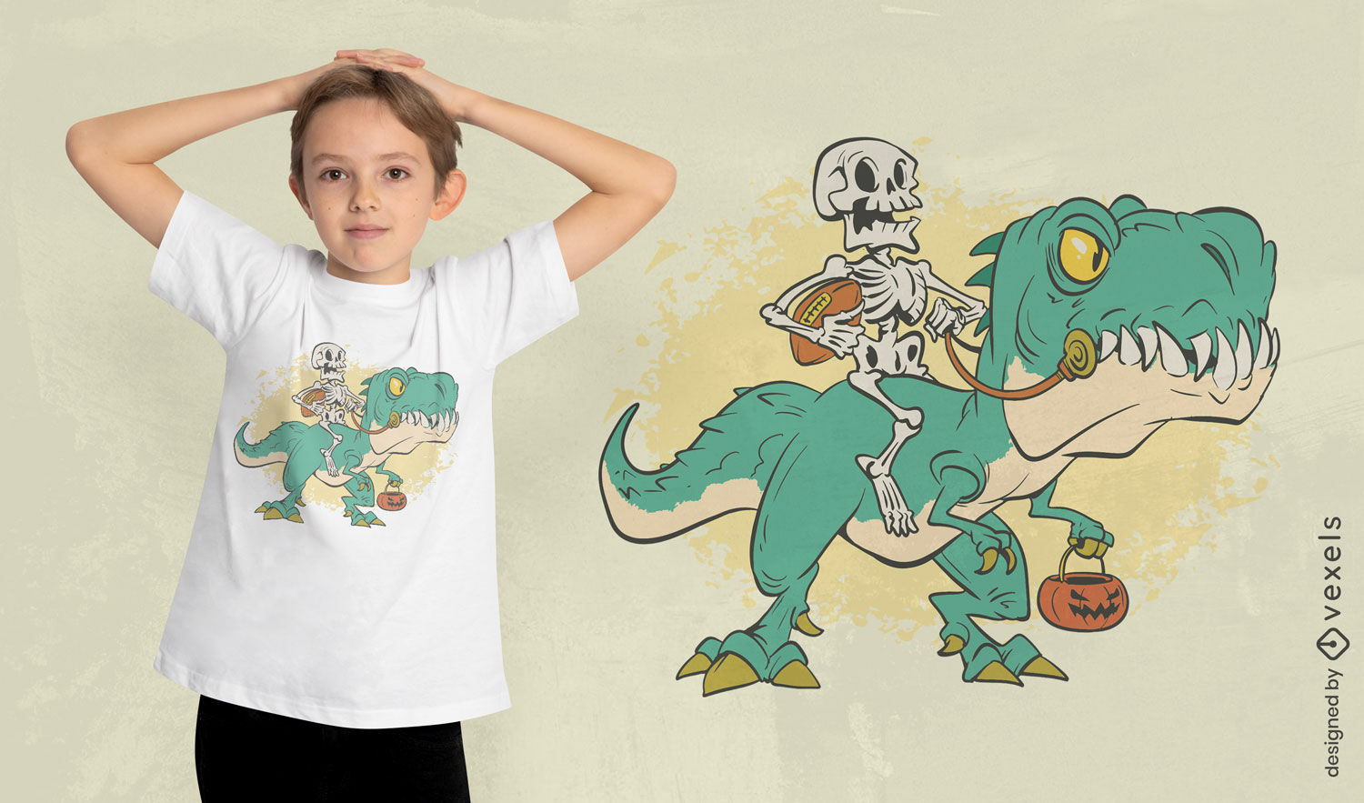 Diseño de camiseta de dinosaurio montando esqueleto.