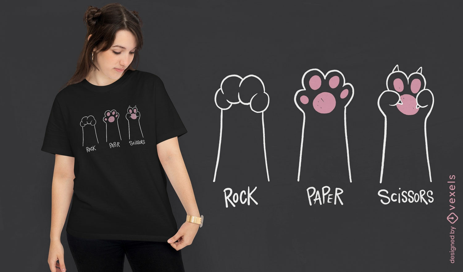 Diseño minimalista de camiseta de gato piedra, papel y tijera.