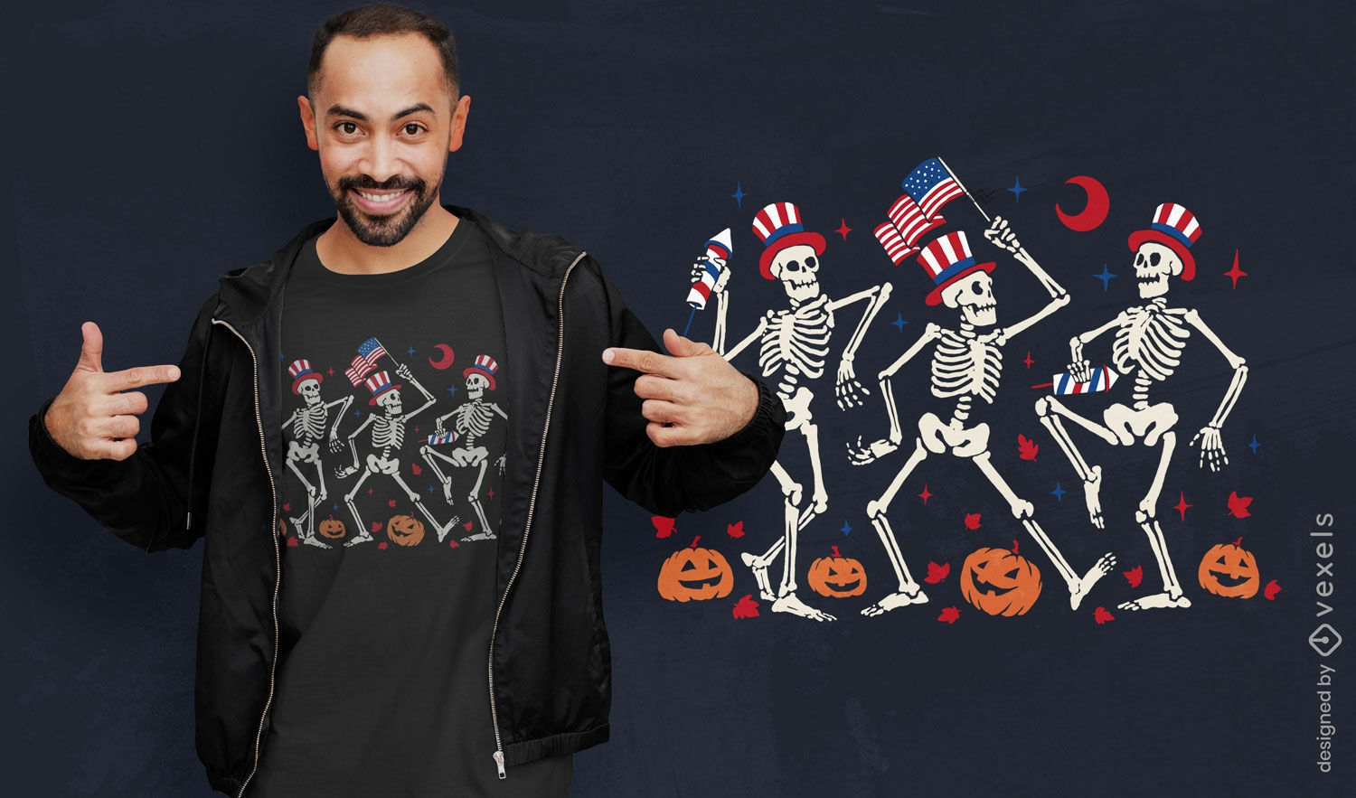 Diseño de camiseta de esqueletos patrióticos de Halloween.