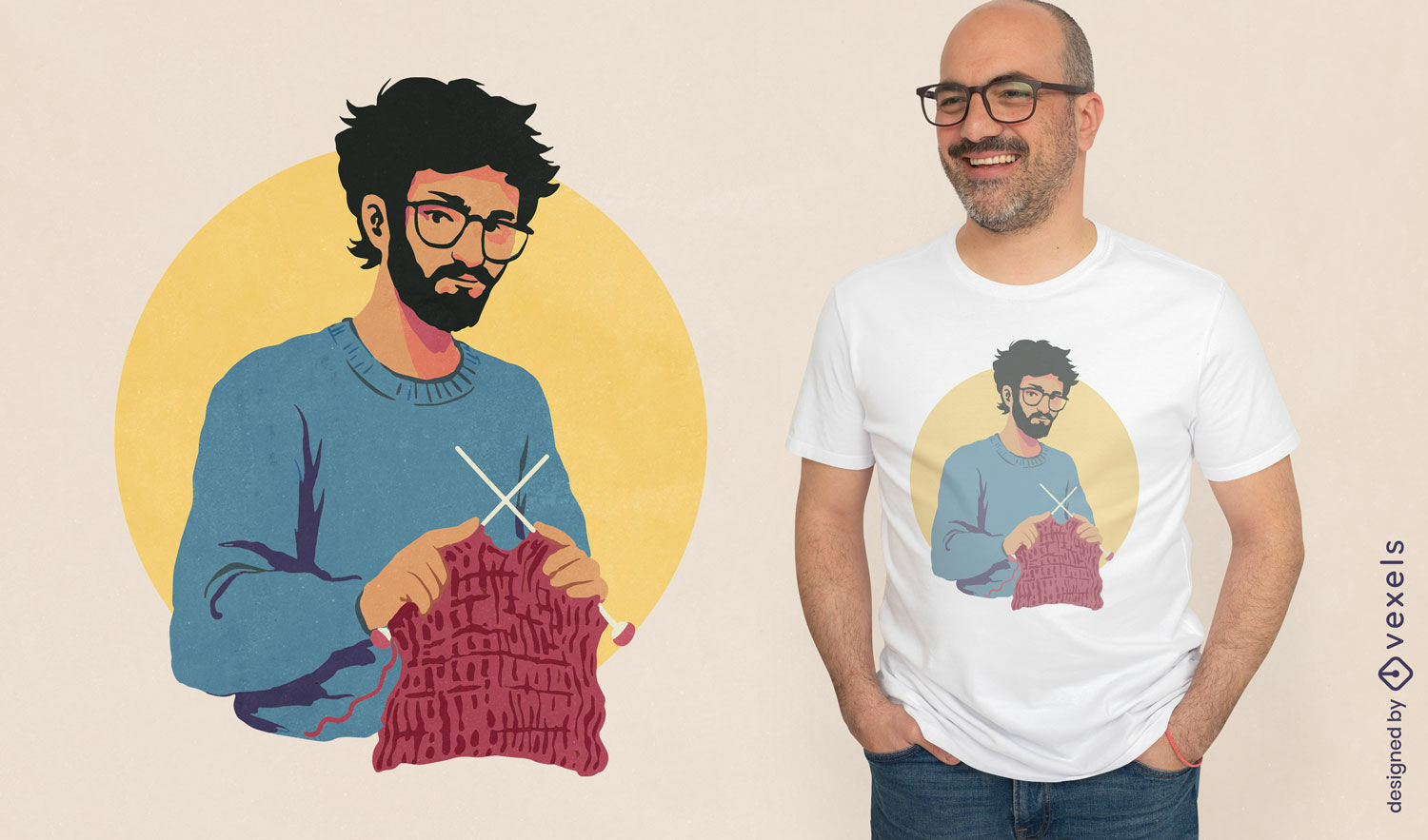 Geschickter bärtiger Mann strickt T-Shirt-Design