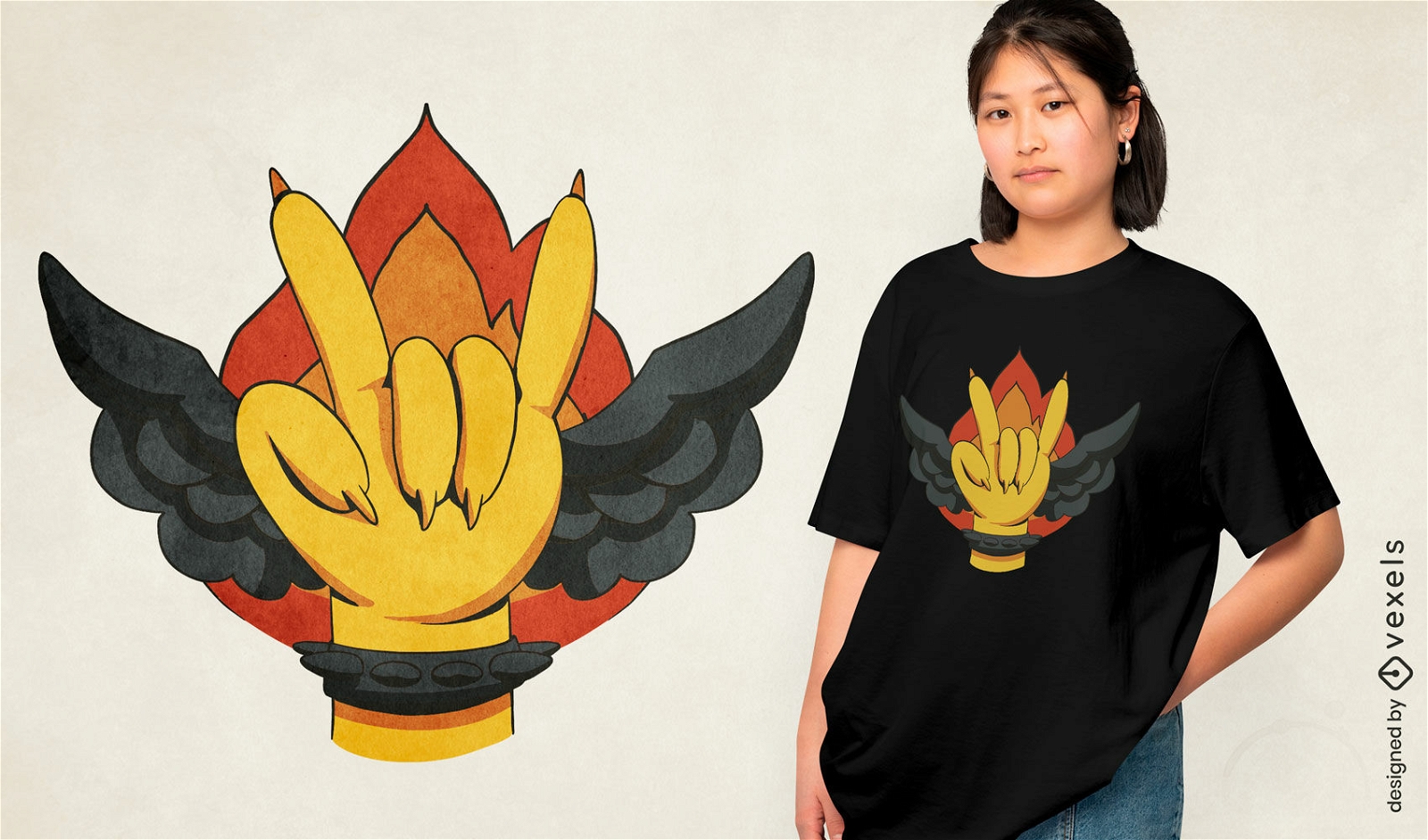 Diseño de camiseta con símbolo de mano ardiente alada.