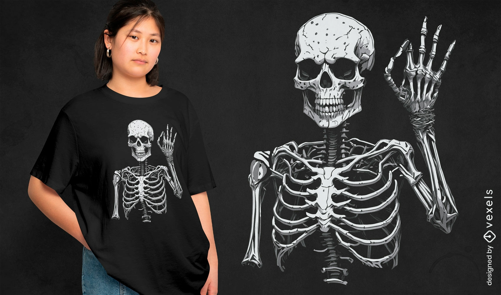 Esqueleto fazendo sinal de ok com design de camiseta