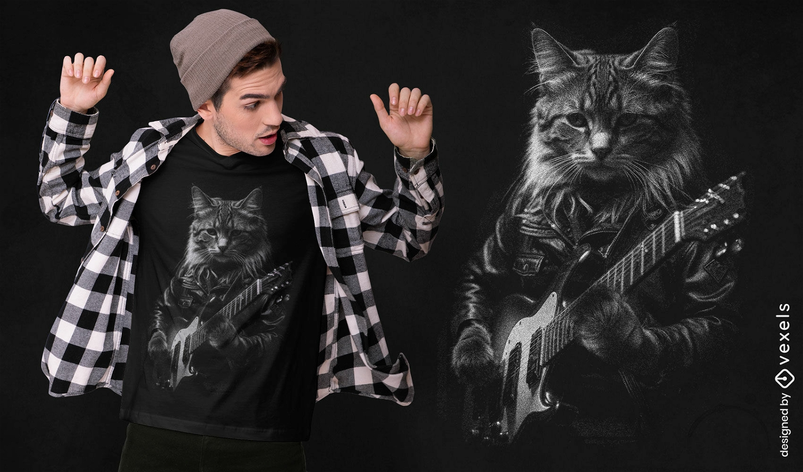 Diseño de camiseta de guitarra eléctrica de gato.