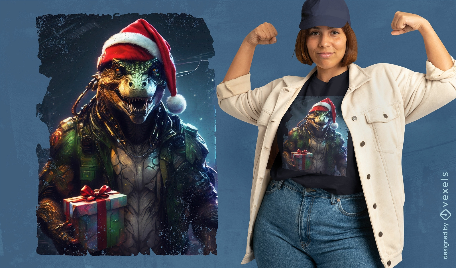Cyberpunk-Dinosaurier-Weihnachts-T-Shirt-Design