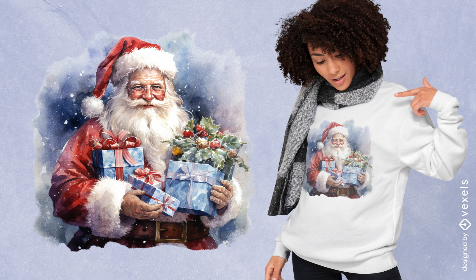 Diseño de camiseta psd de Papá Noel con regalos.