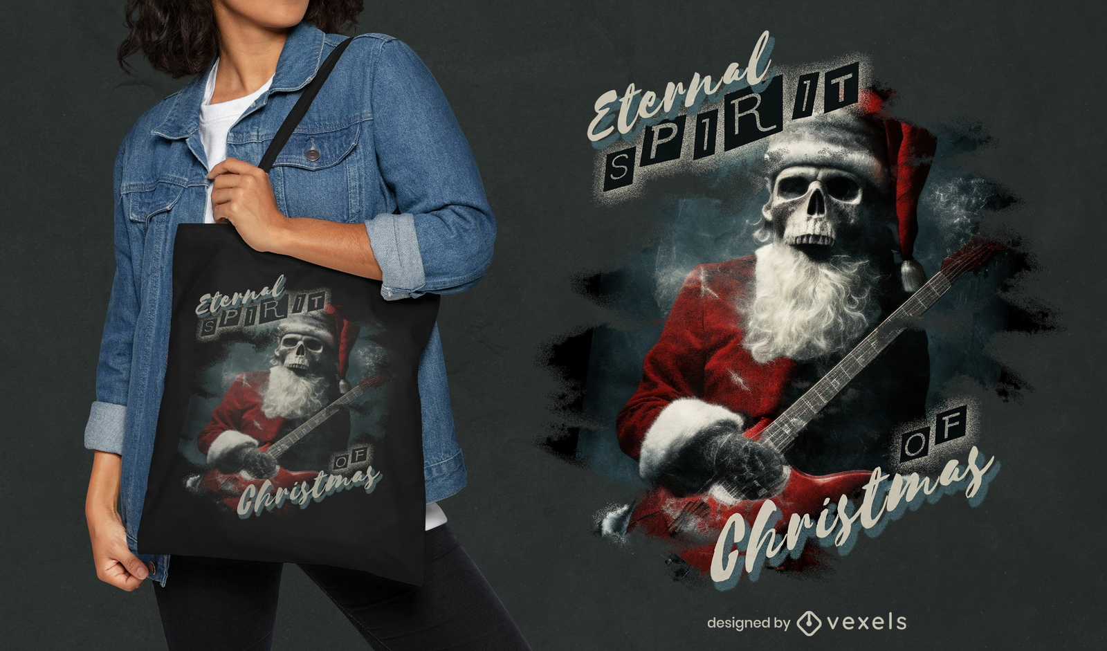 Diseño de bolso de mano con guitarra y esqueleto de Papá Noel.