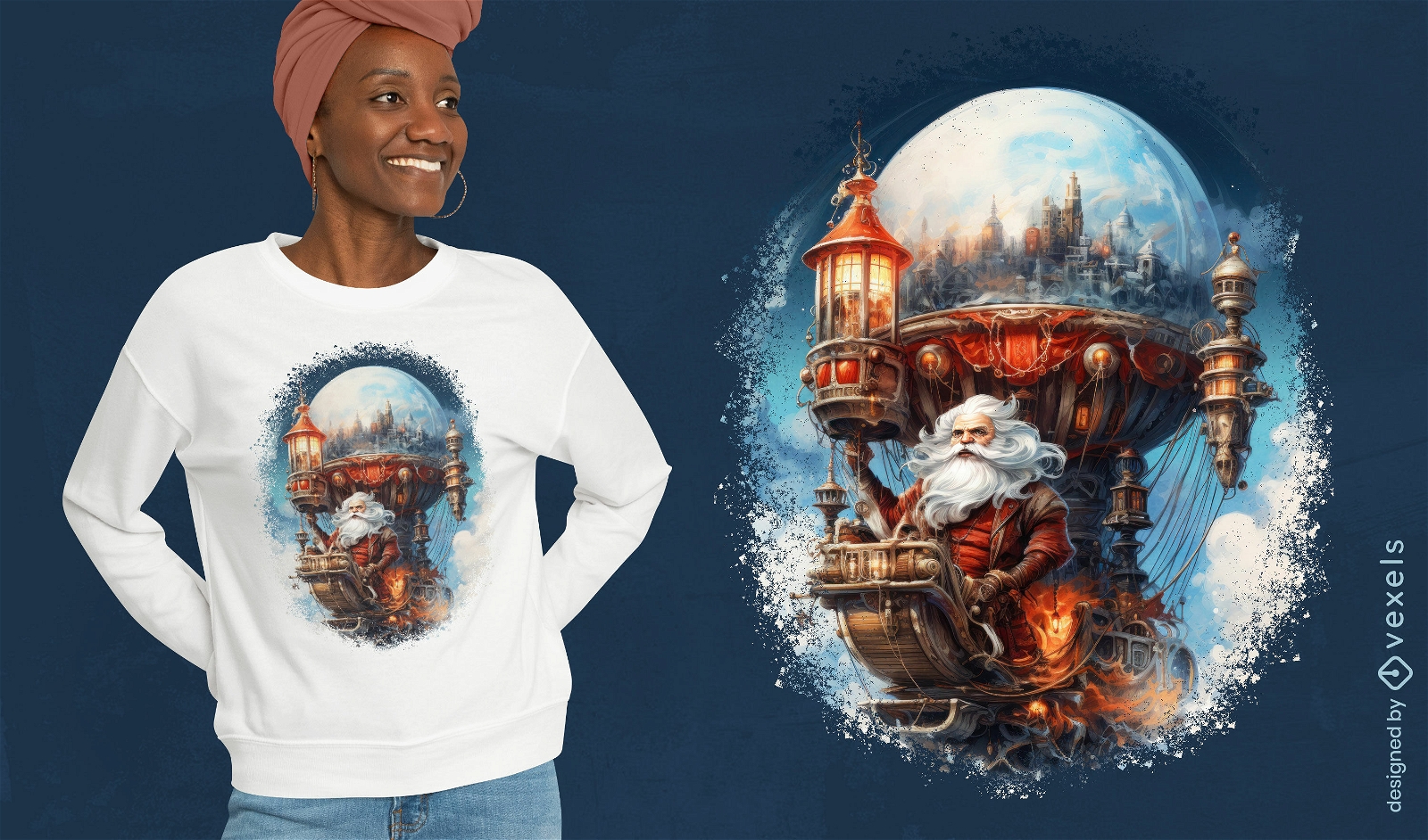 Weihnachtsmann durch den Himmel PSD-T-Shirt-Design