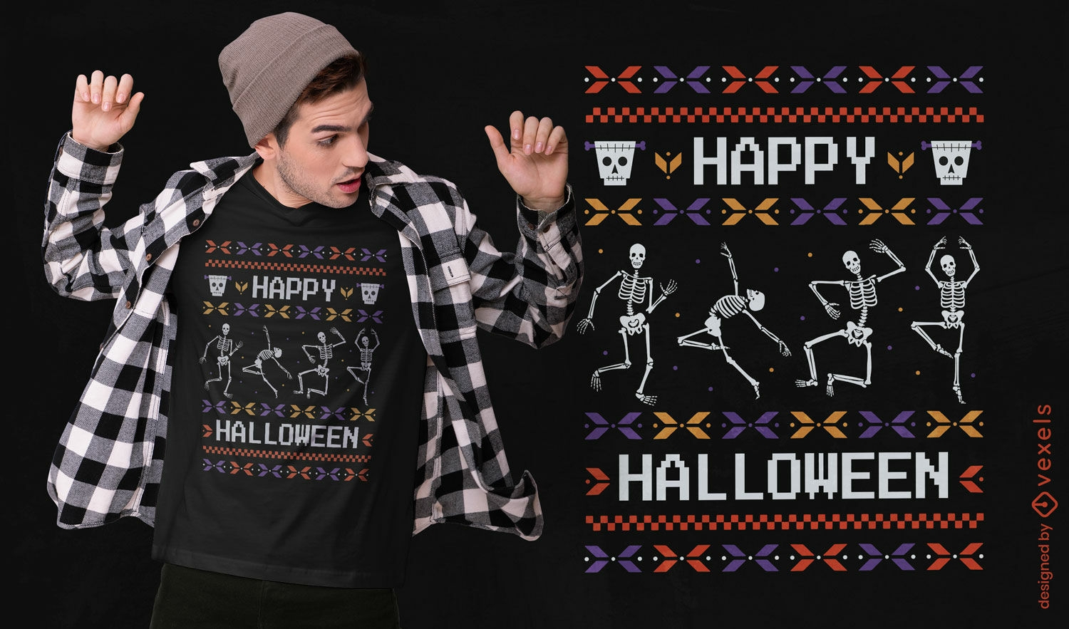 Diseño de camiseta de Halloween con esqueleto bailando.
