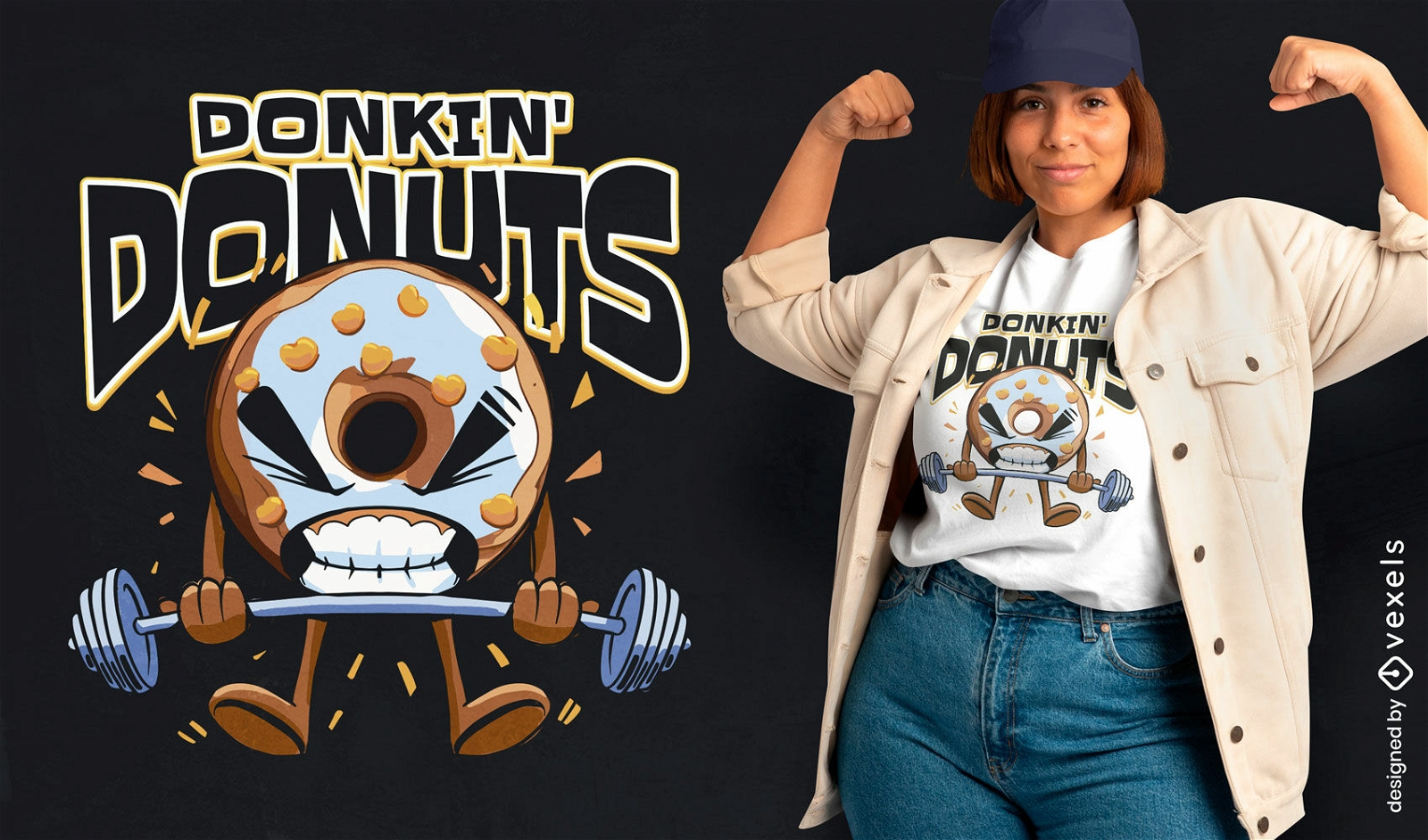 Design de camiseta donut levantando pesos