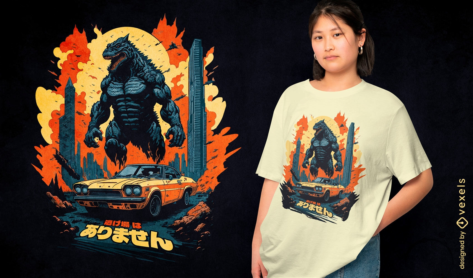 Design de camiseta do carro Godzilla