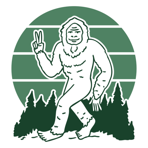 Bigfoot standing in the woods with a peace sign PNG Design