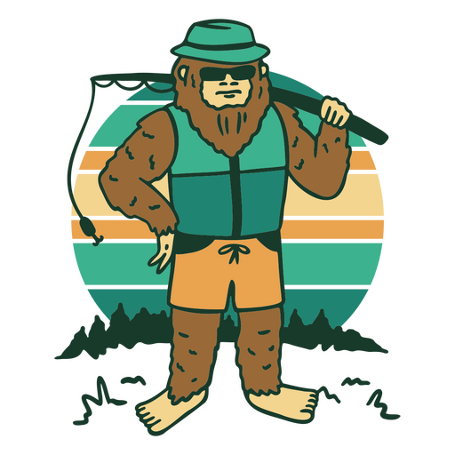 Bear in a hat and sunglasses holding a fishing rod PNG Design