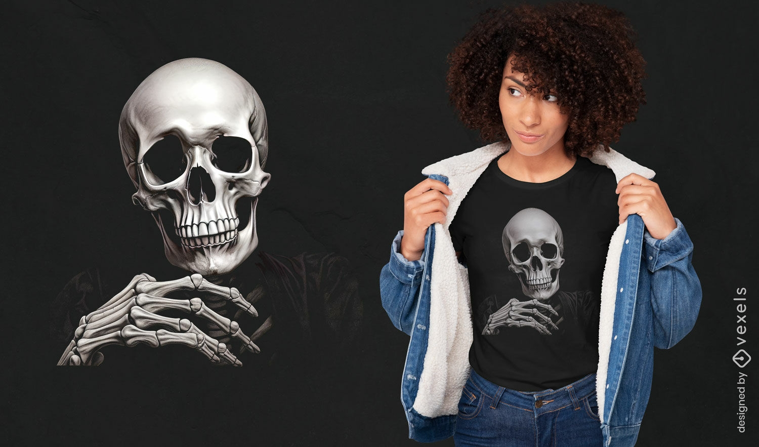 Design de camiseta com personagem esqueleto pensando