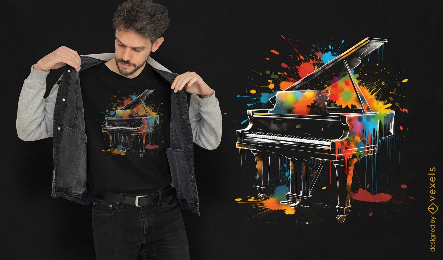 Diseño de camiseta de pintura de piano de cola.
