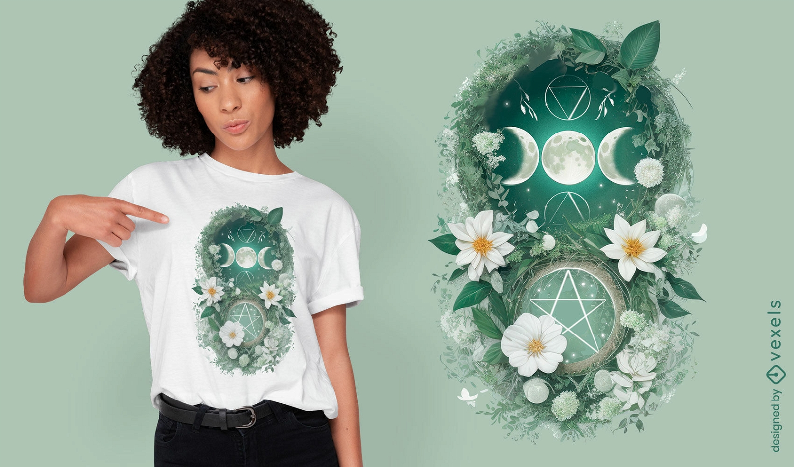 Design de camiseta com lua e flores