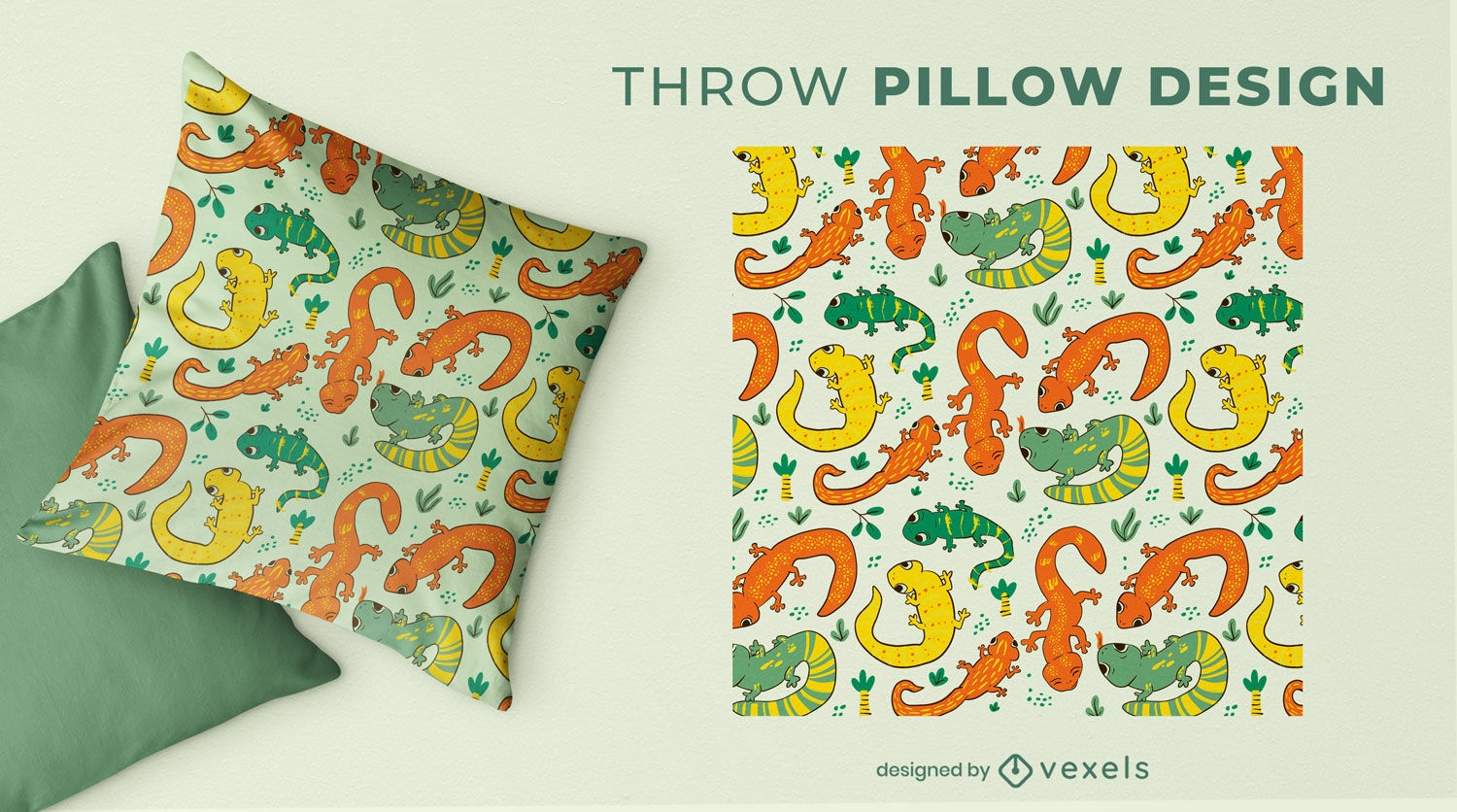 Diseño de almohada con diseño de salamandras coloridas.