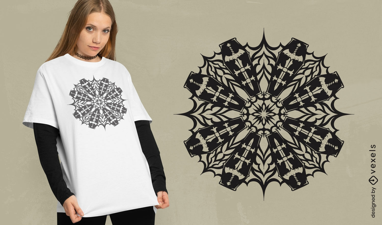 Diseño de camiseta con estampado de ataúdes góticos y copos de nieve.
