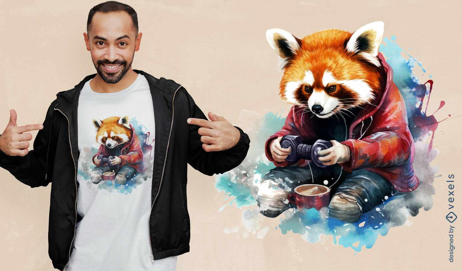 Diseño de camiseta de juego de panda rojo.