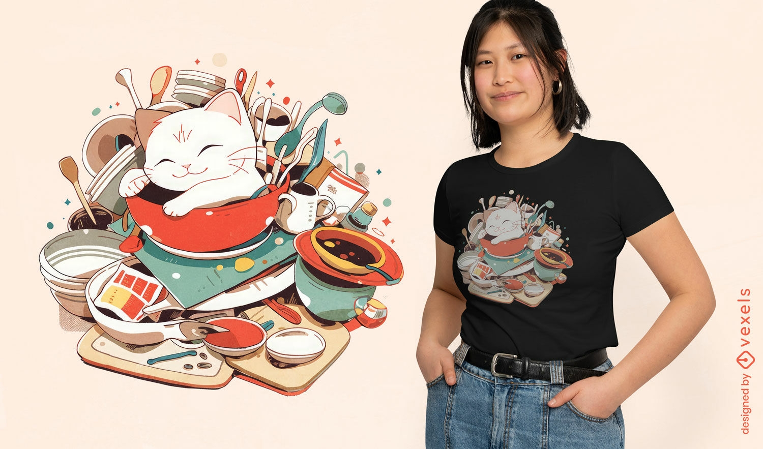 Diseño de camiseta de gato y platos.
