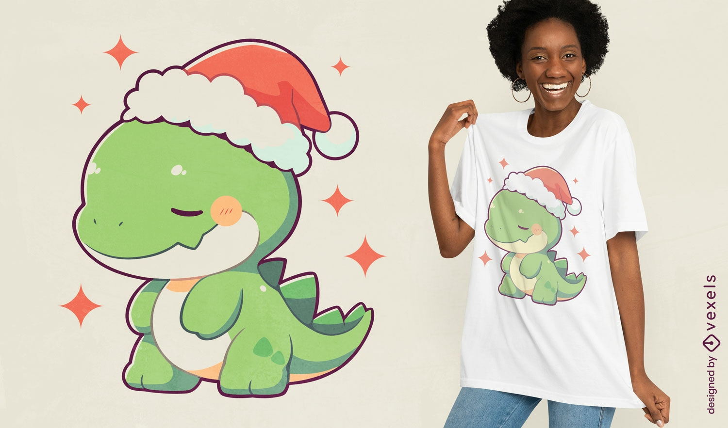 Diseño de camiseta de dinosaurio navideño festivo.
