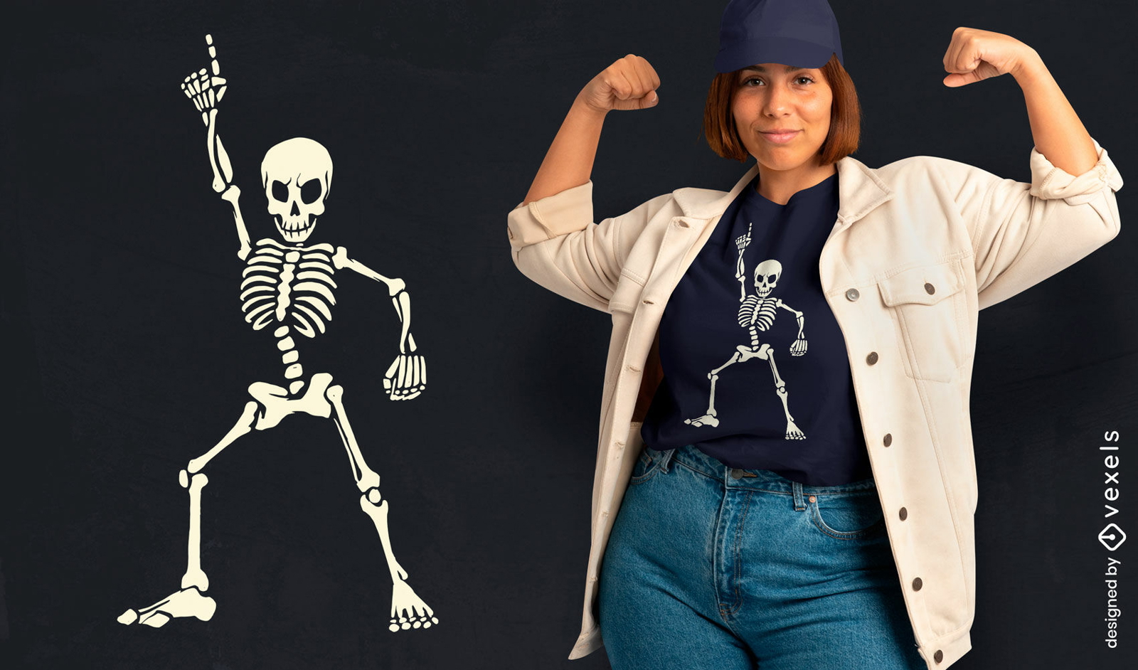 Diseño de camiseta de esqueleto bailando estilo disco.