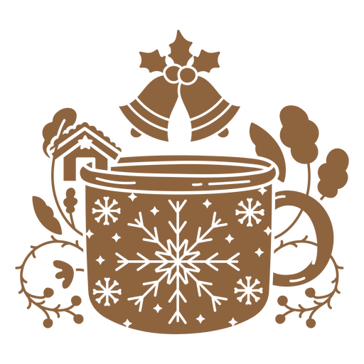 Tasse heißer Kakao mit Glocken und Schneeflocken PNG-Design