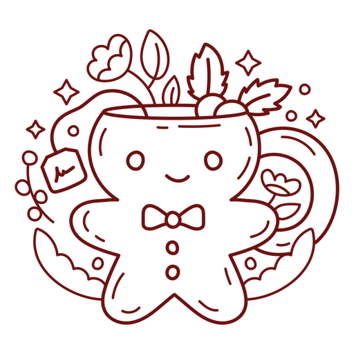 Red drawing of a gingerbread man with a bow tie PNG Design