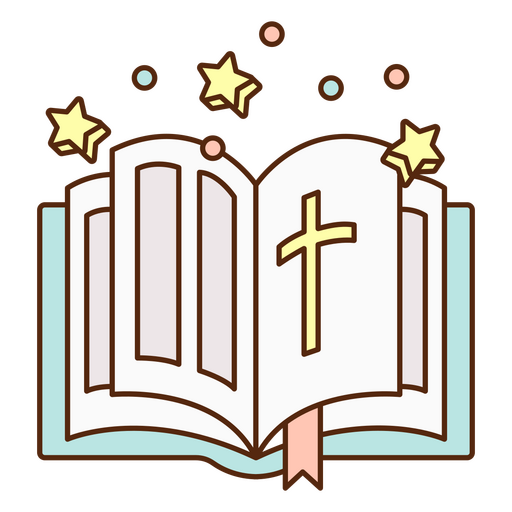 Design lúdico de livro aberto com estrelas e uma cruz. Desenho PNG