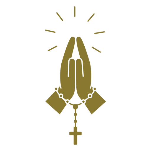 Rosario de oro y manos rezando. Diseño PNG