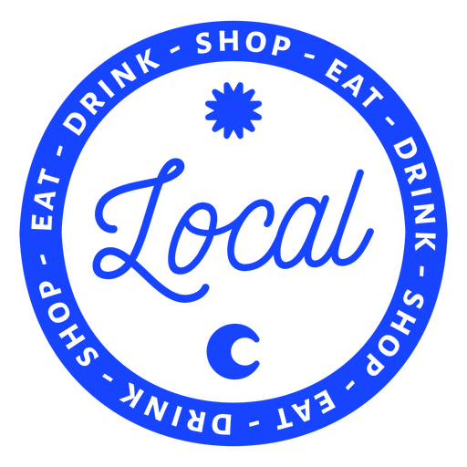 Logotipo azul com as palavras bebida local, comer e beber Desenho PNG