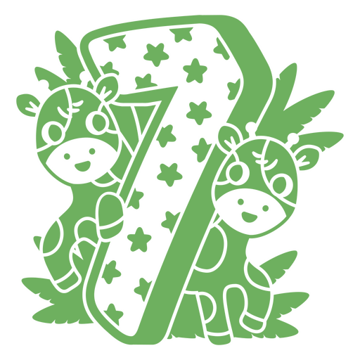 Dibujo verde de dos jirafas con el número siete. Diseño PNG