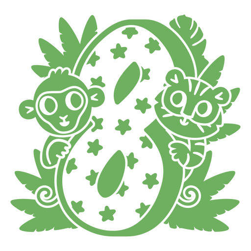 Número verde 8 com dois macacos e folhas Desenho PNG