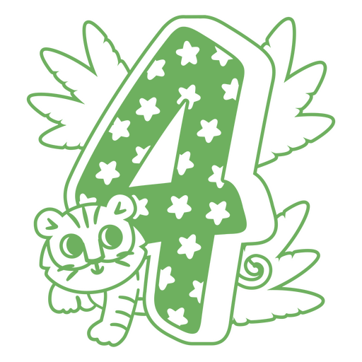 Número cuatro verde con estrellas y un tigre. Diseño PNG